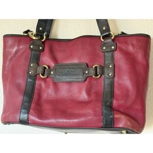 Stone Mountain Red Leather Tote Bag Women's Shoulder Purse Brown Trim Brass HW